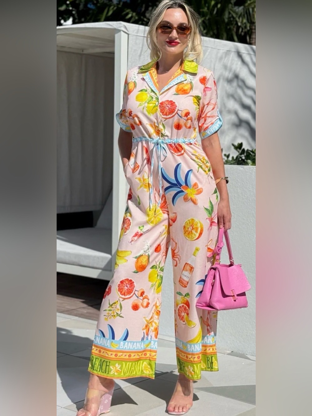 NWT Endless Moon Pink Fruit-Print Wide-Leg Jumpsuit